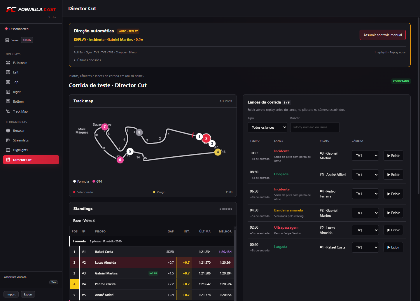 Director Cut do FormulaCast com mapa, classificação e lances